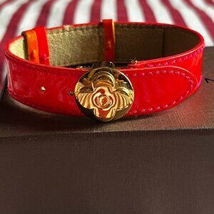 Louis Vuitton Patent Leather Bracelet Red Gold LV Flower Motif Bangle